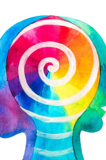 Dipinto grafico spirale in testa. Psicologia. Generare idee.